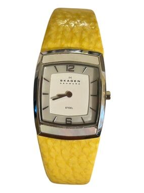 SKAGEN Denmark Stainless Steel Watch Yellow Leather Band Vintage In Box